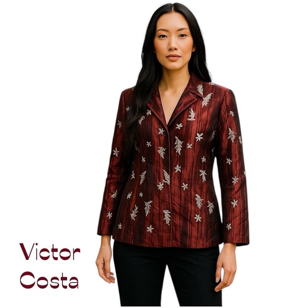 Victor Costa Burgundy Silver Vintage Jacket Size S Party Event Feminine
